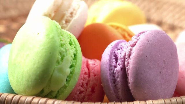 tack of colorful macarons with detailed textures and vibrant colors
