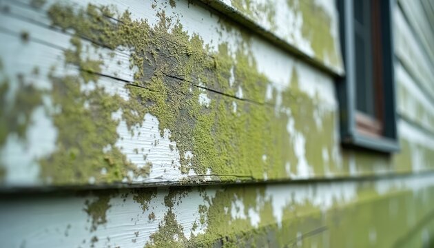 Weathered horizontal wood siding shows peeling paint with green algae growth. Close up texture reveals old building exterior surface condition. Time worn wall details.