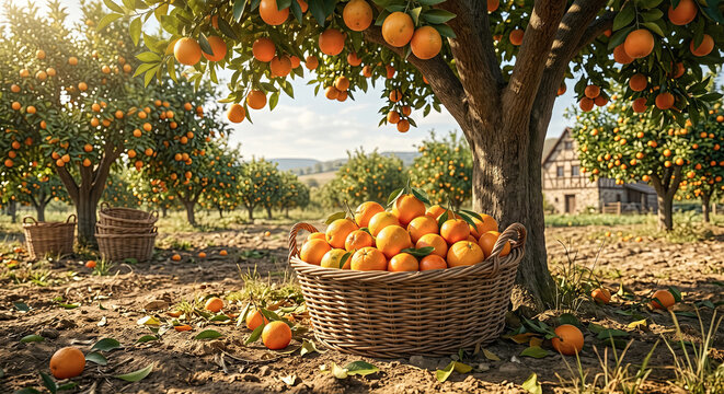 Orange grove with ripe fruit and harvest baskets in warm countryside light.generative AI