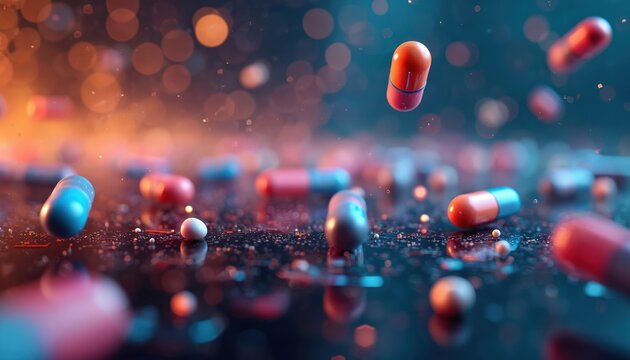 Colorful capsules and spheres float in digital space. Blue and orange pills represent abstract science tech and medicine. Futuristic background suggests innovation research and health care.