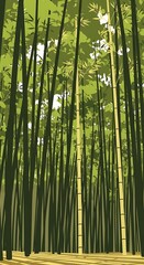 Fototapeta premium Illustration of a tall bamboo forest canopy, with vibrant green foliage and tall, slender stalks reaching towards the sky