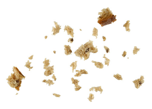 Scattered bread crumbs isolated on a transparent background. full depth of field. PNG.