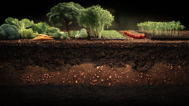 Cross section landscape showing fertile soil layers beneath thriving crops and vegetables. Sustainable farming, soil biology, compost enrichment and regenerative agriculture concept.