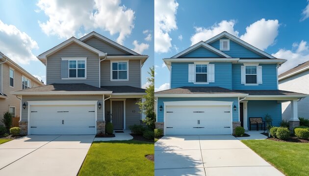 Two houses side by side split screen comparison. One grey house before exterior repaint. Second blue house after renovation. New facade paint, upgraded home curb appeal.