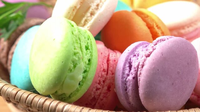 tack of colorful macarons with detailed textures and vibrant colors
