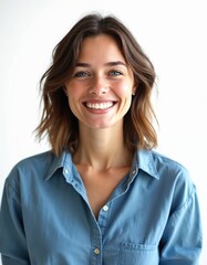 Fototapeta premium Young woman in blue shirt smiles broadly with clear blue eyes. Her brown hair is wavy and her face is bright. She looks happy and friendly, ready to connect.