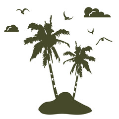 Stylized silhouette of two palm trees on a small island with flying birds and scattered clouds, minimal tropical design perfect for logos, posters, travel themes, and decorative artwork © Lipitorika