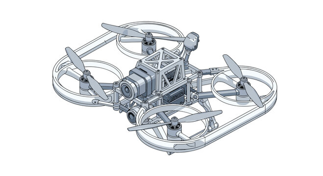 Detailed technical line drawing of a quadcopter drone with multiple propellers and a central camera unit, showing its mechanical structure and design.
