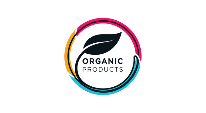 Circular logo for organic products featuring a dark leaf silhouette surrounded by colorful concentric rings in yellow, pink, and blue.