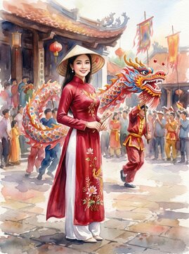 A Vietnamese &aacute;o d&agrave;i portrait with n&oacute;n l&aacute; with dragon dance performance background, soft light, minimal composition, watercolor style

