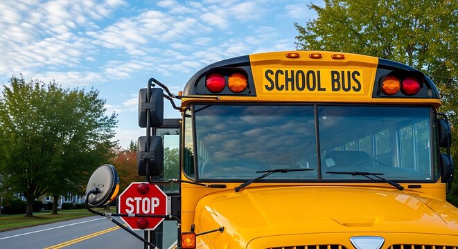 Bright yellow school bus on a road with a stop sign