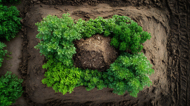 Aerial view of circular compost pit surrounded by dense green trees forming eco symbol. Sustainable waste recycling, organic farming and environmental regeneration concept.