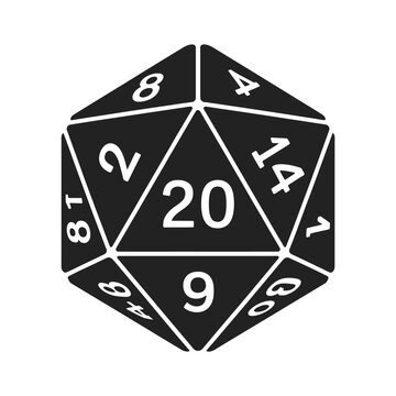 A black d20 die with visible numbers on each of its twenty faces