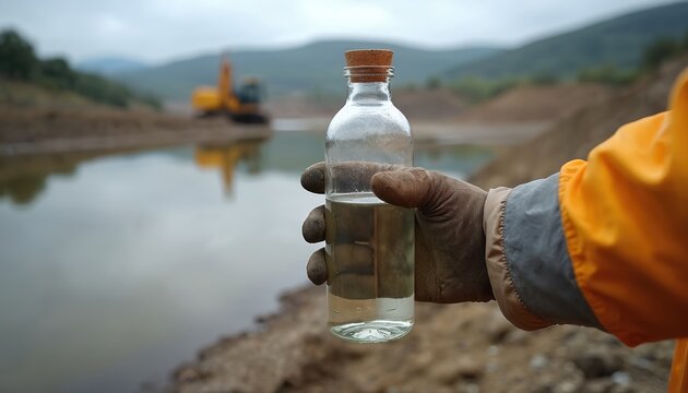 Gloved hand holds water sample bottle near sediment pond. Excavator works in background at mining site. Environmental testing shows water quality research.