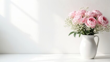 Fototapeta premium Soft pink peonies and baby breath flowers fill a white pitcher. Light streams across a plain white wall and surface. Gentle floral arrangement brings calm interior decor to any space.