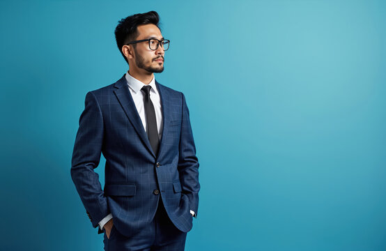 Young asian man in suit and glasses looks sideways on blue backdrop. Confident executive poses with hands in pockets, ready for business opportunity.