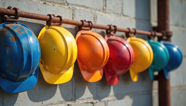 Assorted colorful hard hats line up on a rusty pipe against a brick wall. Safety gear hangs ready for workers on a building site. Protection equipment waits for a crew.