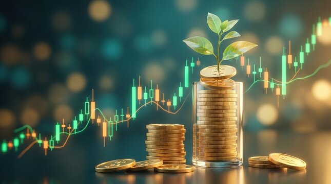 A green plant sprouting from a stack of golden coins inside a glass jar against a glowing financial stock market chart background representing business growth