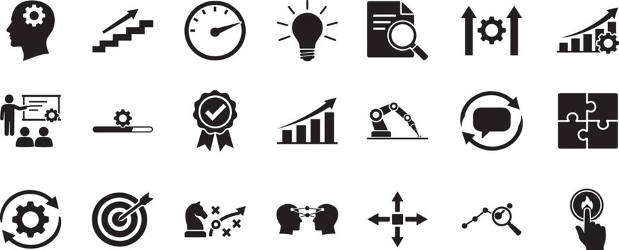 Improvement icon set with clean line style showing progress upgrade optimization success design