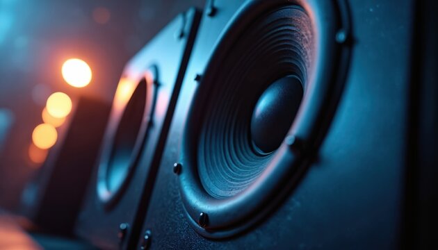 Close-up view of professional audio speakers emitting blue and orange light. These large loudspeakers produce powerful sound waves for music and entertainment experiences.