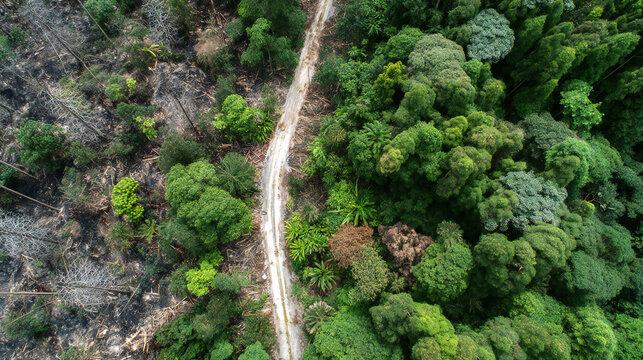 Top down drone image of forest firebreak line separating dense trees and cleared land. Wildfire control, aerial monitoring and sustainable forestry management concept.