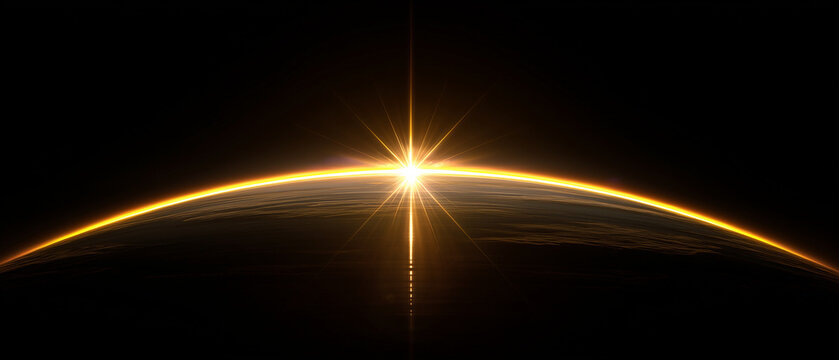 Sunrise Over Earth Horizon From Space With Bright Sun Flare And Atmospheric Glow