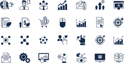 Fototapeta premium Digital Marketing and Online Business Icons Set with Analytics, Email Campaign, Social Media, Growth Charts and Target Strategy Vector Collection