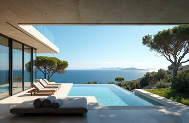 Fototapeta premium Modern villa with infinity pool overlooks blue ocean horizon. Sun loungers rest on terrace near tranquil sea. Pine trees frame expansive coastal landscape. Bright sunny day offers serene views.