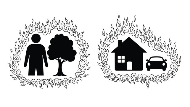 Black and white graphic featuring figures tree house and flames silhouette