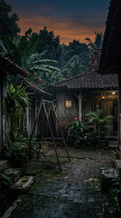 Obraz premium Overgrown abandoned house at dusk with a dark mysterious atmosphere.generative AI