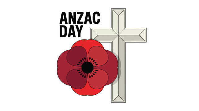 anzac day remembrance illustration with red poppy flower and memorial cross symbol honoring australian and new zealand army corps sacrifice, lest we forget tribute design 
