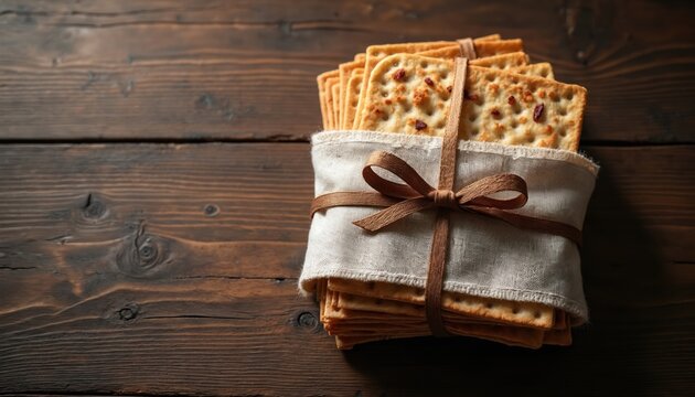 Stack of unleavened matzah crackers wrapped in linen cloth tied with brown ribbon. Rustic wooden table surface. Passover holiday food tradition.