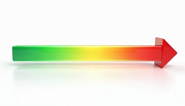 Shiny arrow indicator shows status from good green to bad red. Use this graphic for progress, risk, or level on business dashboards. Shows change and trend.
