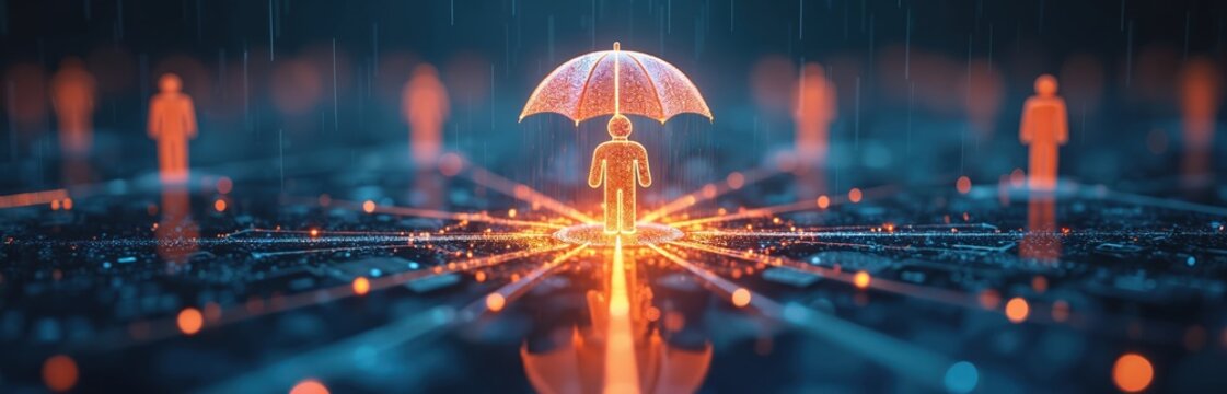 Glowing man figure holds umbrella against digital rain. Abstract network connects people icons. Security concept visualized with data streams and glowing lights protection.