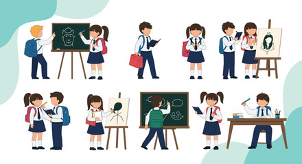 Fototapeta premium Diverse set of schoolchildren in uniforms participating in classroom activities like painting, reading, writing, and drawing on a board.