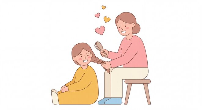 Vector illustration of a mother lovingly brushing and braiding her little daughter's hair, showing care and affection