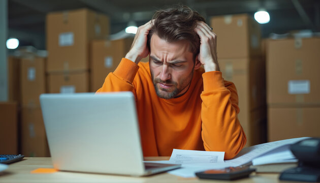 Stressed man with hands on head reviews invoice near laptop and calculator. Cardboard boxes stack in warehouse. He worries about business finances.