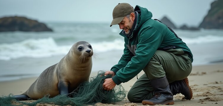 Man helps seal freed from fishing net on sandy beach. Ocean waves crash near rocks. Wildlife rescue worker untangles marine animal, providing safety and freedom from danger.
