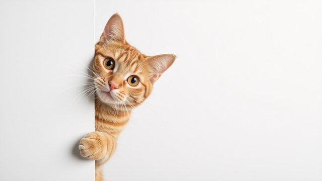 Orange tabby cat peeking around a white corner. Curious ginger kitten looking at camera. Pet curiosity concept with copy space for text