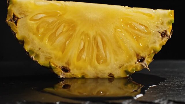 Close-up of a juicy pineapple slice with honey dripping, creating a sweet and refreshing dessert.