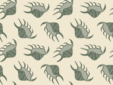 Seamless pattern with minimalist spider conch sea shells in earthy tones.
