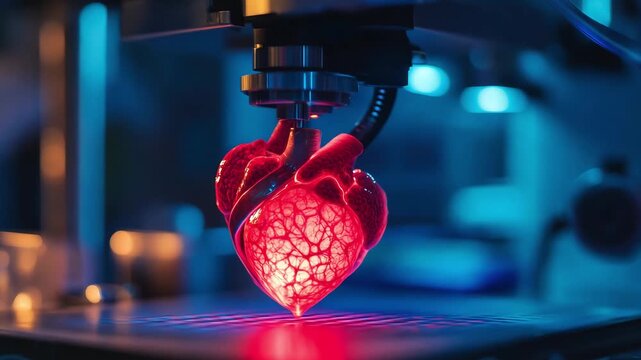 A 3D printer fabricates a heart model showing complex details in a laboratory environment with blue lighting