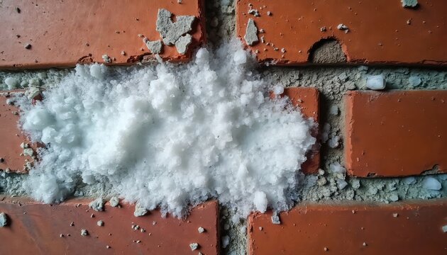 White salt efflorescence grows on damp brick wall. Moisture damage to house foundation. Water problem needs repair. Home maintenance issue, mold growth risk. Structural decay causes building issues.