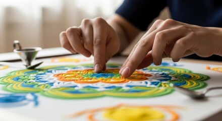 Obraz premium A person creating a vibrant and intricate mandala artwork with colored pencils