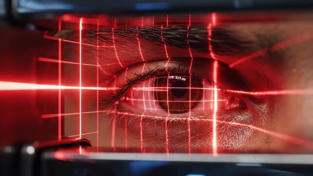 Closeup of human eye being scanned by red laser grid for biometric retinal identification, symbolizing advanced security and identity verification.