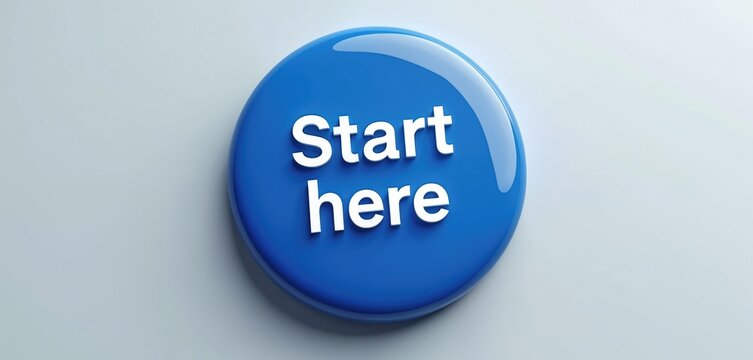 Blue glossy round button with white text Start here on light gray background. Simple click element for website navigation or business concept. Choose this button for your project.
