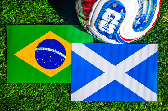 FIFA World Cup 2026 Matchday Concept with Official Ball and Brazil vs Scotland Flags Group C