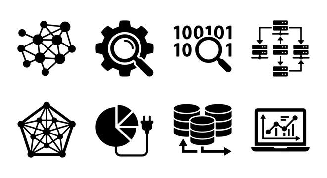 Data science icon set, big data analytics and machine learning symbols, digital information processing and database management vector collection