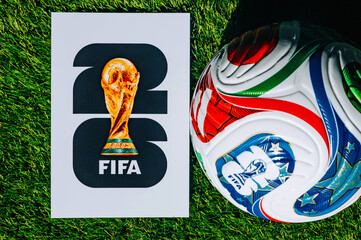 Naklejka premium Official Match Ball of FIFA World Cup 2026 on the Pitch with Tournament Logo in USA, Canada and Mexico