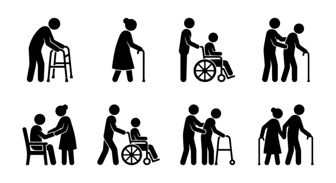 Elderly care stick figure icons set, senior people with mobility aids and caregivers, nursing home patient assistance vector illustrations